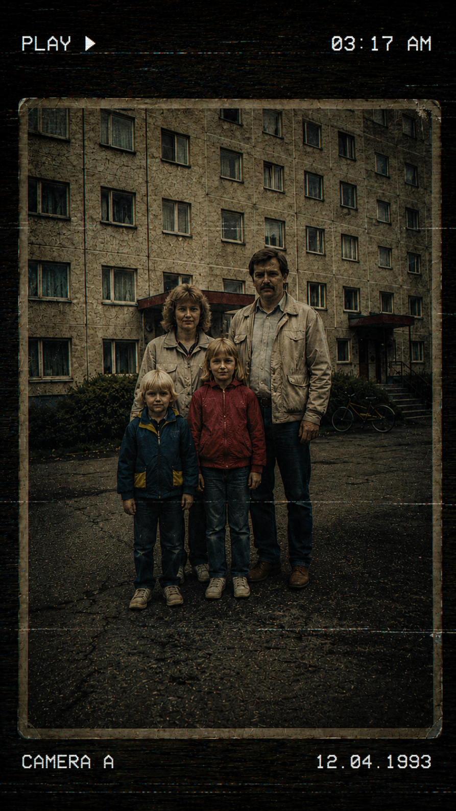 Recovered family photograph presented as damaged archive evidence.