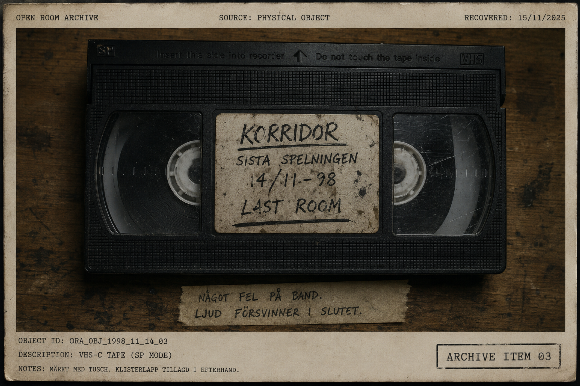 VHS-C tape marked KORRIDOR / SISTA SPELNINGEN / LAST ROOM.