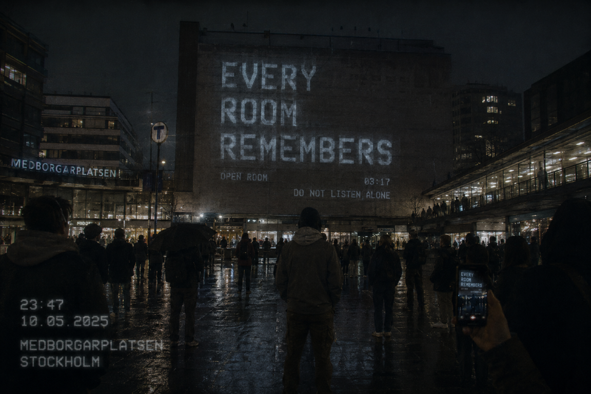 Projection observed at Medborgarplatsen. Multiple witnesses recorded the same phrase.